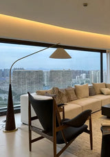 LumiArc – Luxe Houten Boogvloerlamp met Stoffen Kap