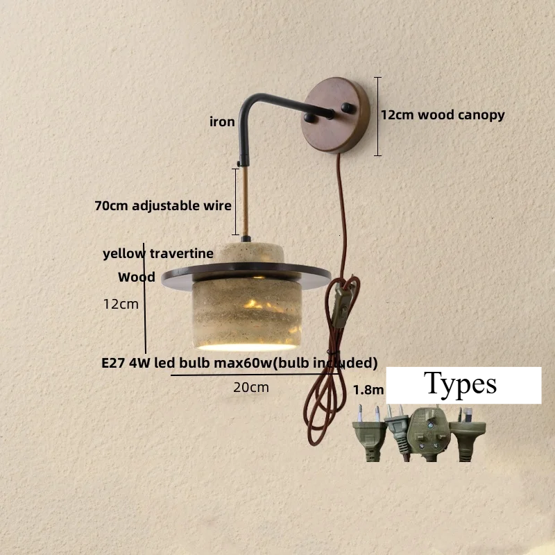 LumiTravert Wandlamp – LED Natuursteen & Hout Design met Trekschakelaar