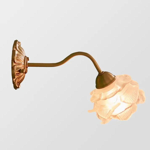 Vintage Koperen Bloemblad Glazen Wandlamp