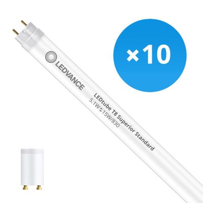 Voordeelpak 10x Ledvance LED Buis T8 Superior (EM Mains) Standard Output 5.1W 810lm - 830 Warm Wit | 44cm - Vervangt 15W