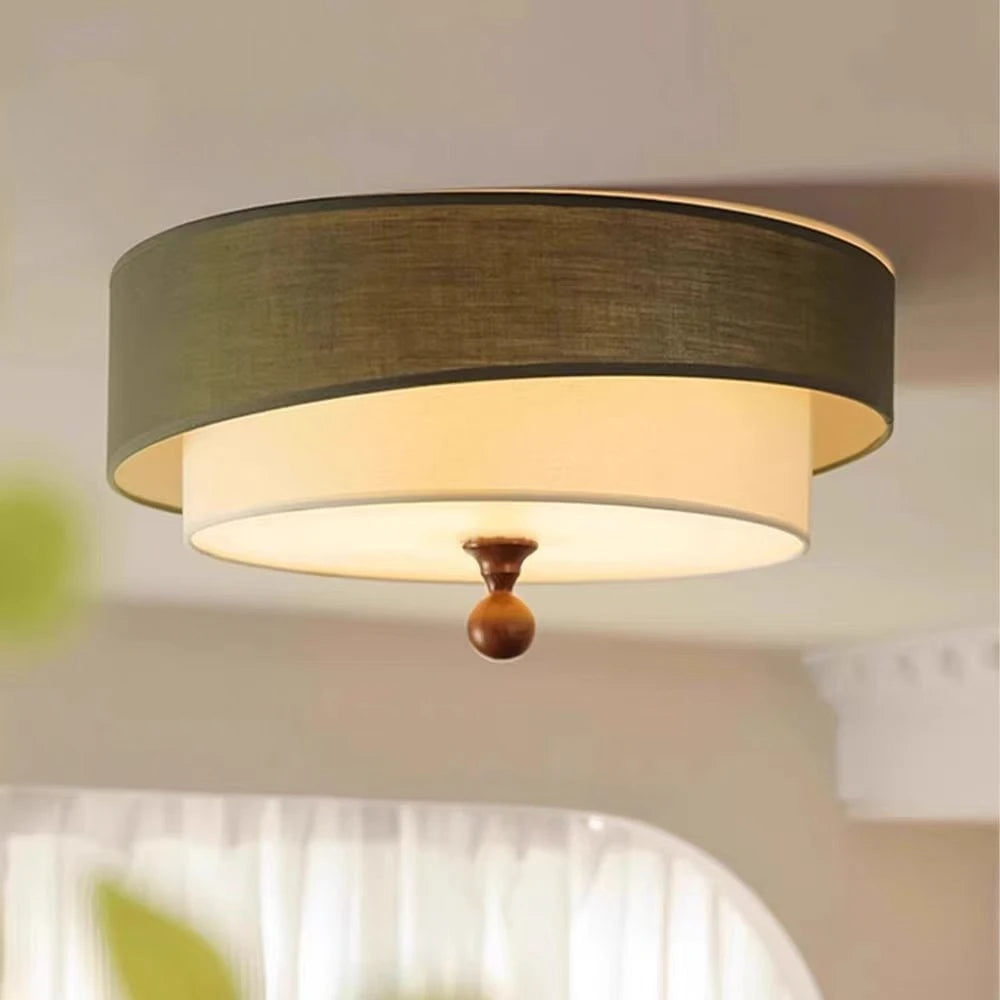 Wabi Sabi Vintage Plafondlamp – Cirkelvormige Groene/Witte Stoffen Lamp - plafondlampen - sfeerbeeld