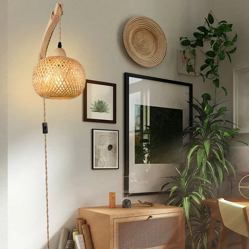 NaturLume Bamboe Wandlantaarn – Handgeweven Rotan Wandlamp met E27 Fitting - wandlamp - detail