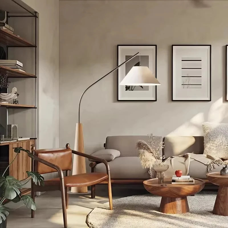 LumiArc – Luxe Houten Boogvloerlamp met Stoffen Kap - vloerlamp - in de kamer