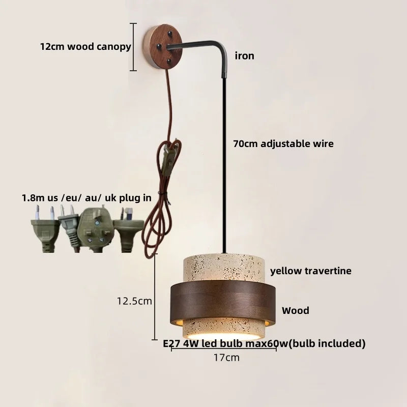 LumiTravert Wandlamp – LED Natuursteen & Hout Design met Trekschakelaar