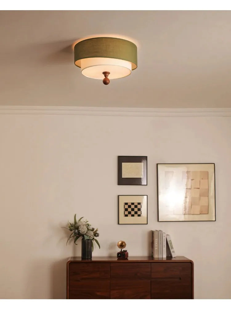 Wabi Sabi Vintage Plafondlamp – Cirkelvormige Groene/Witte Stoffen Lamp - plafondlampen - detail