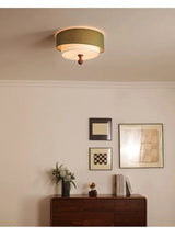 Wabi Sabi Vintage Plafondlamp – Cirkelvormige Groene/Witte Stoffen Lamp