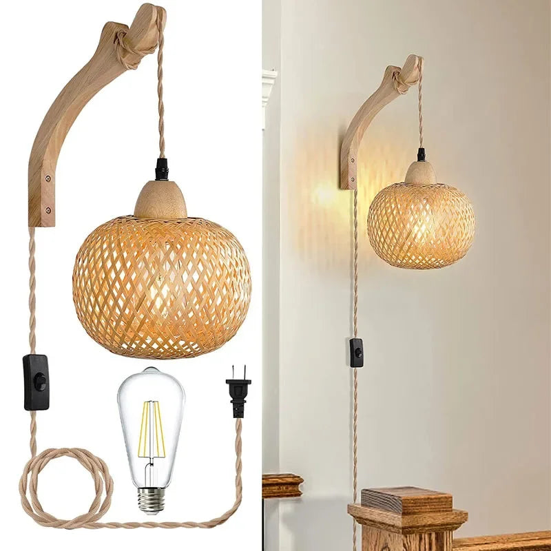 NaturLume Bamboe Wandlantaarn – Handgeweven Rotan Wandlamp met E27 Fitting