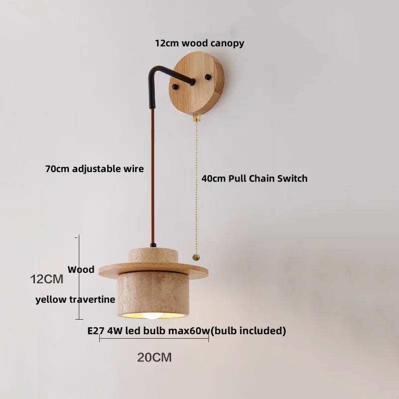 LumiTravert Wandlamp – LED Natuursteen & Hout Design met Trekschakelaar - wandlamp