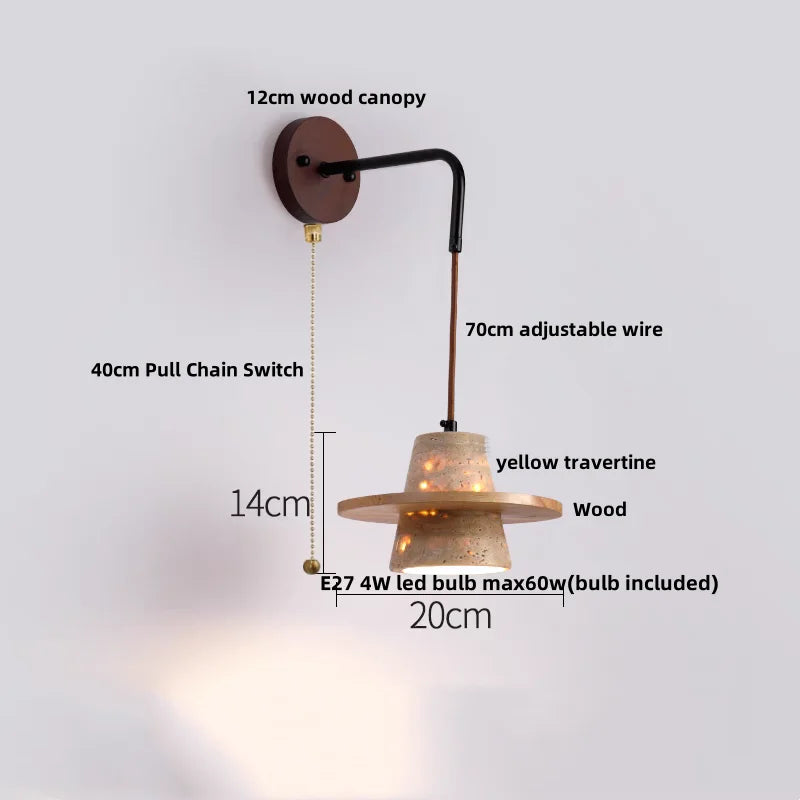 LumiTravert Wandlamp – LED Natuursteen & Hout Design met Trekschakelaar - wandlamp - zijaanzicht