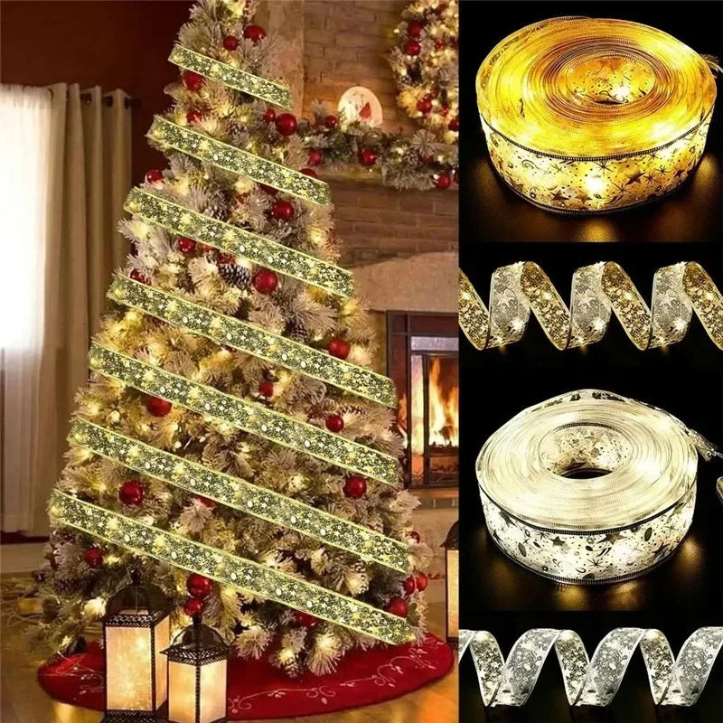 LumiRibbon Gouden Kerstlint Lichtslinger – 2M/5M/10M LED - buitenverlichting - close-up