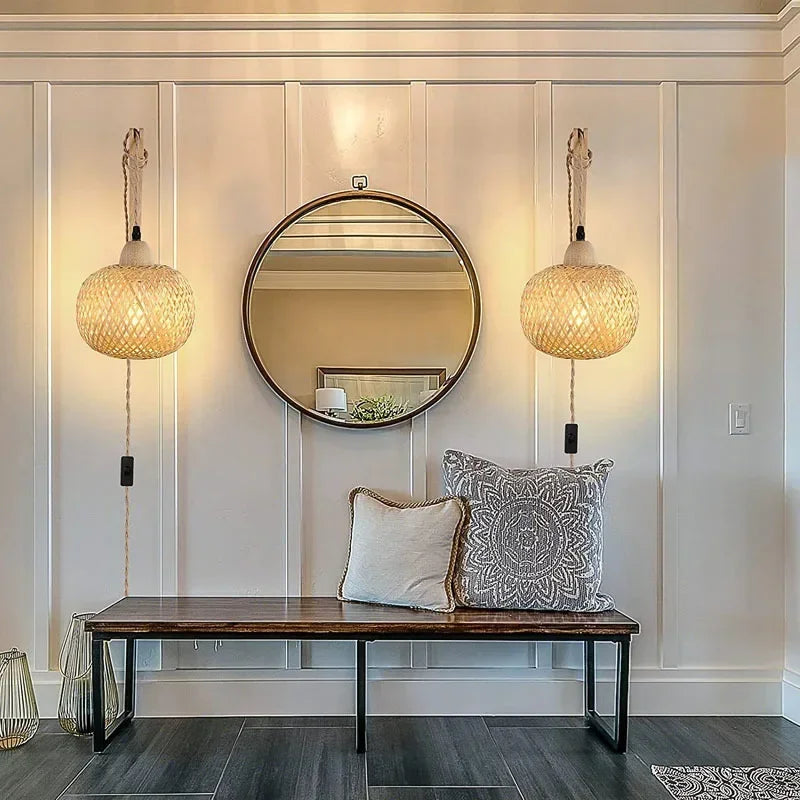 NaturLume Bamboe Wandlantaarn – Handgeweven Rotan Wandlamp met E27 Fitting - wandlamp - sfeerbeeld
