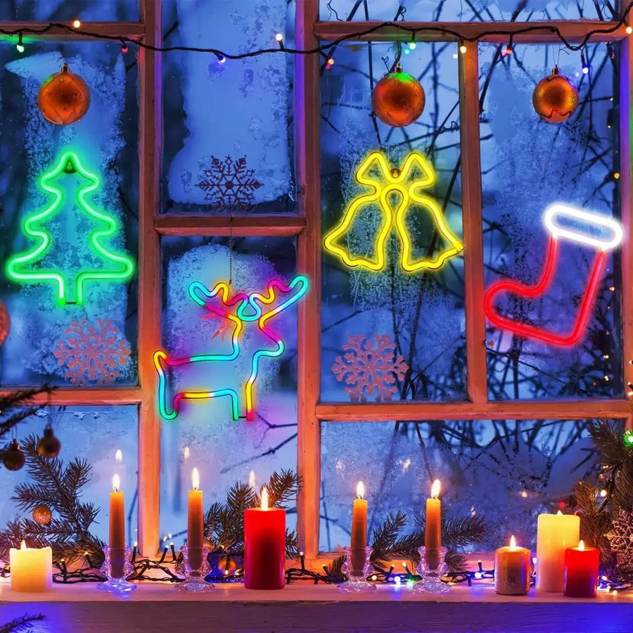 Magische Kerstsfeer Neonlamp – Rendier, Kerstsok & Boom – LED