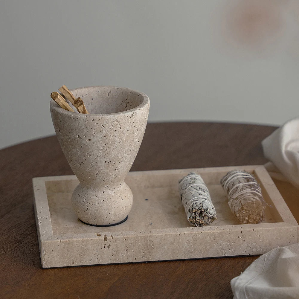 Vintage Travertine Luxe Mubkhar – Houten Wierookhouder & Palo Santo Brander - tafellampen - sfeerbeeld