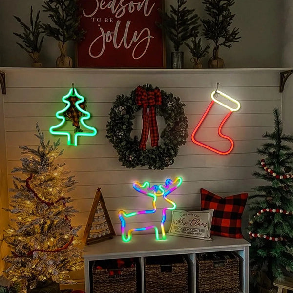 Magische Kerstsfeer Neonlamp – Rendier, Kerstsok & Boom – LED
