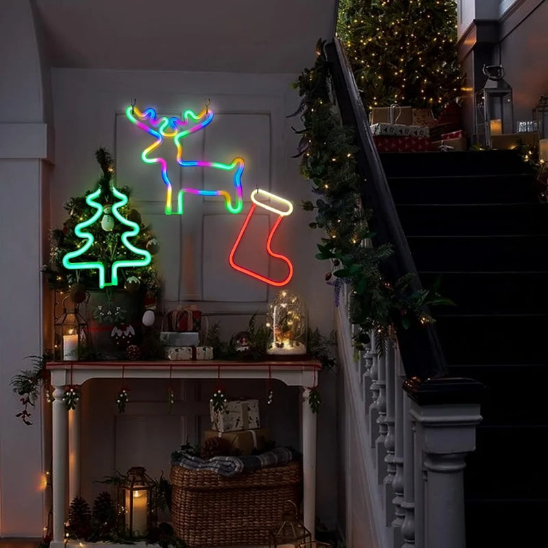 Magische Kerstsfeer Neonlamp – Rendier, Kerstsok & Boom – LED
