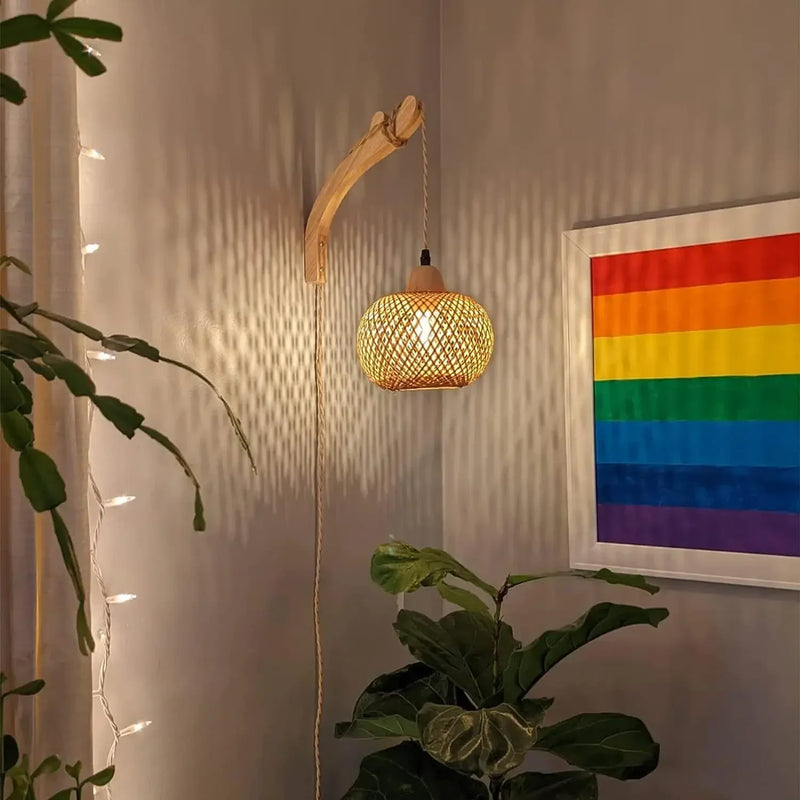 NaturLume Bamboe Wandlantaarn – Handgeweven Rotan Wandlamp met E27 Fitting