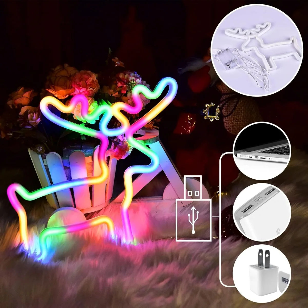 Magische Kerstsfeer Neonlamp – Rendier, Kerstsok & Boom – LED - buitenverlichting - in de kamer