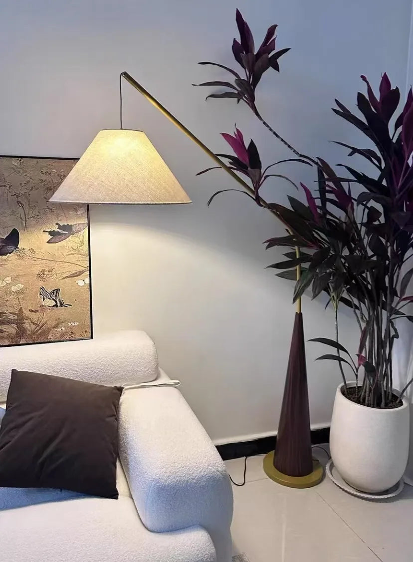 LumiArc – Luxe Houten Boogvloerlamp met Stoffen Kap - vloerlamp - verlicht