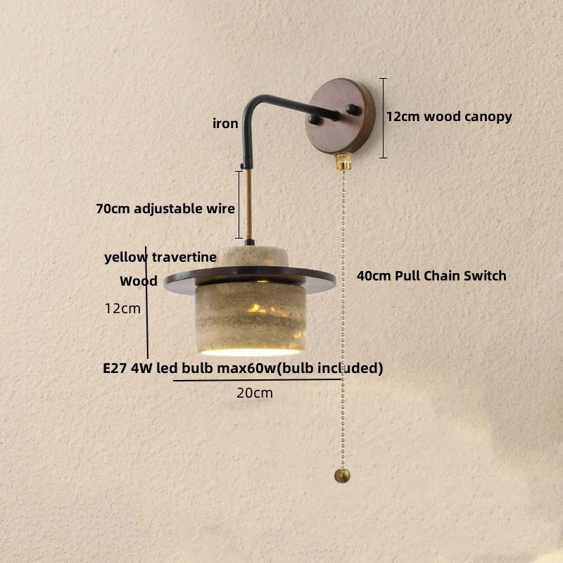 LumiTravert Wandlamp – LED Natuursteen & Hout Design met Trekschakelaar