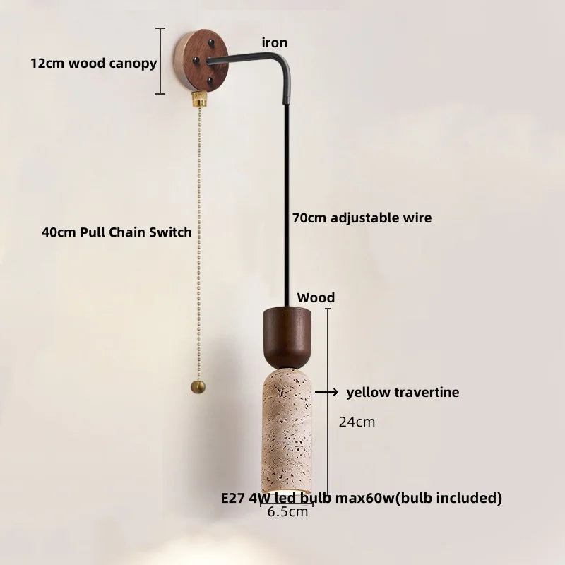 LumiTravert Wandlamp – LED Natuursteen & Hout Design met Trekschakelaar