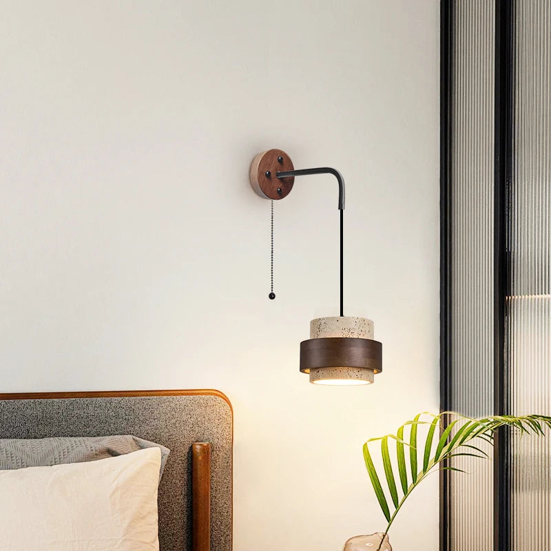 LumiTravert Wandlamp – LED Natuursteen & Hout Design met Trekschakelaar - wandlamp - sfeerbeeld