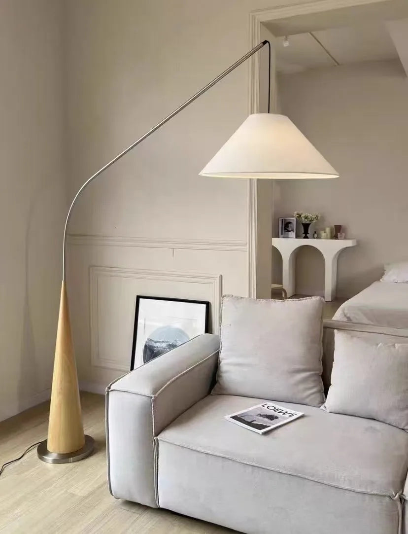 LumiArc – Luxe Houten Boogvloerlamp met Stoffen Kap - vloerlamp