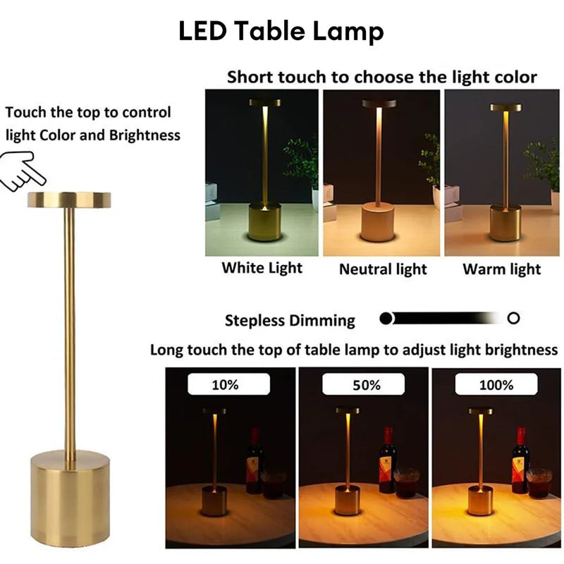LumiÉlan – Klassieke Oplaadbare Tafellamp met Touch, Traploze Dimming en 3 Lichtkleuren