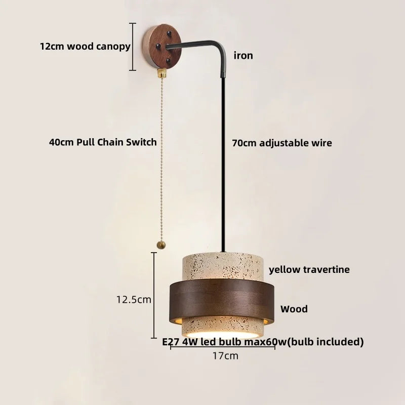 LumiTravert Wandlamp – LED Natuursteen & Hout Design met Trekschakelaar - wandlamp - materiaaldetail