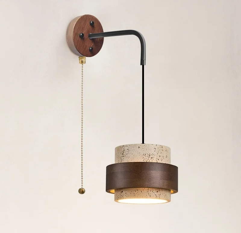LumiTravert Wandlamp – LED Natuursteen & Hout Design met Trekschakelaar - wandlamp