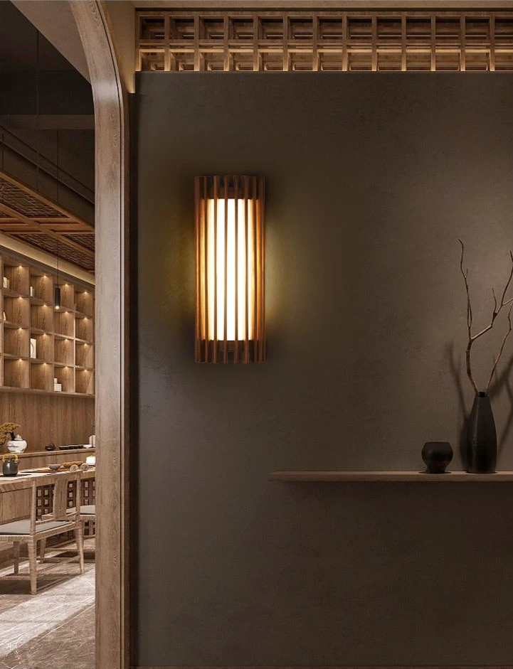 “ZenAura Wabi-Sabi Wandlamp” – Japanse Retro Walnoot LED Wandverlichting - wandlamp - close-up