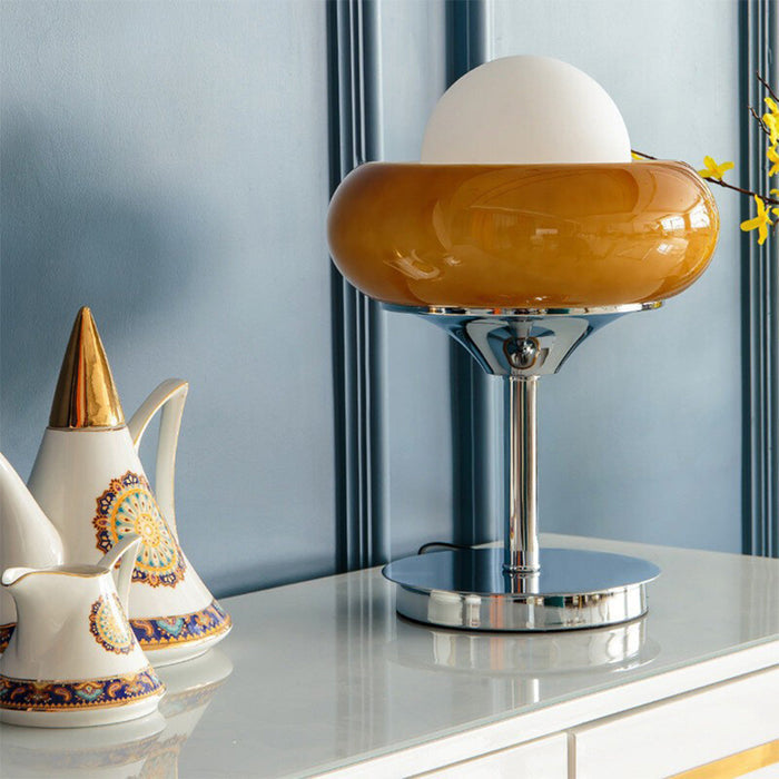 Vintage Bauhaus Glazen Gele Tafellamp - tafellampen - zijaanzicht